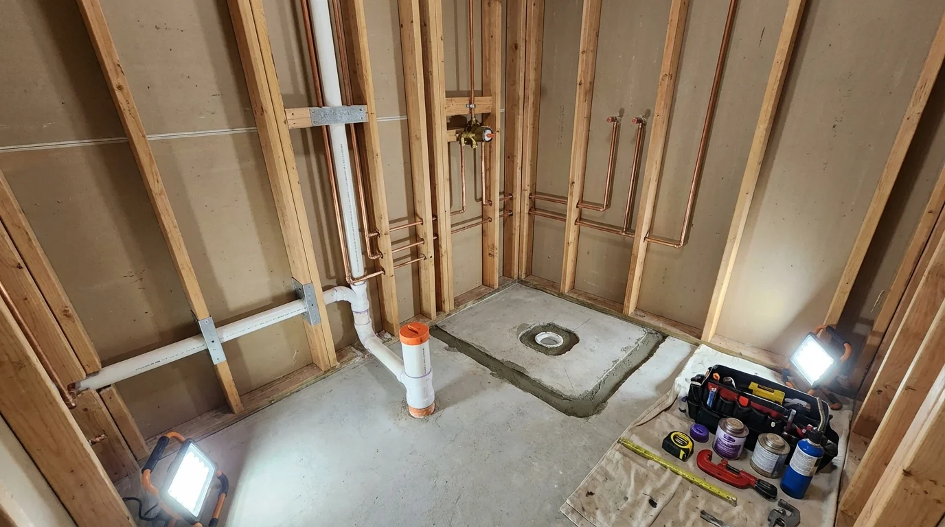 Bathroom rough-in plumbing during remodel by Johns Plumbing LLC in Friday Harbor