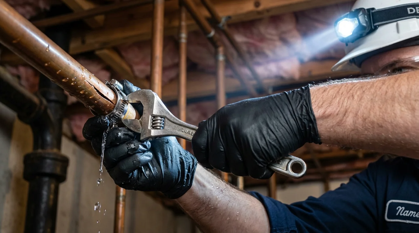 Emergency pipe clamp repair being performed by a Johns Plumbing LLC plumber in Friday Harbor
