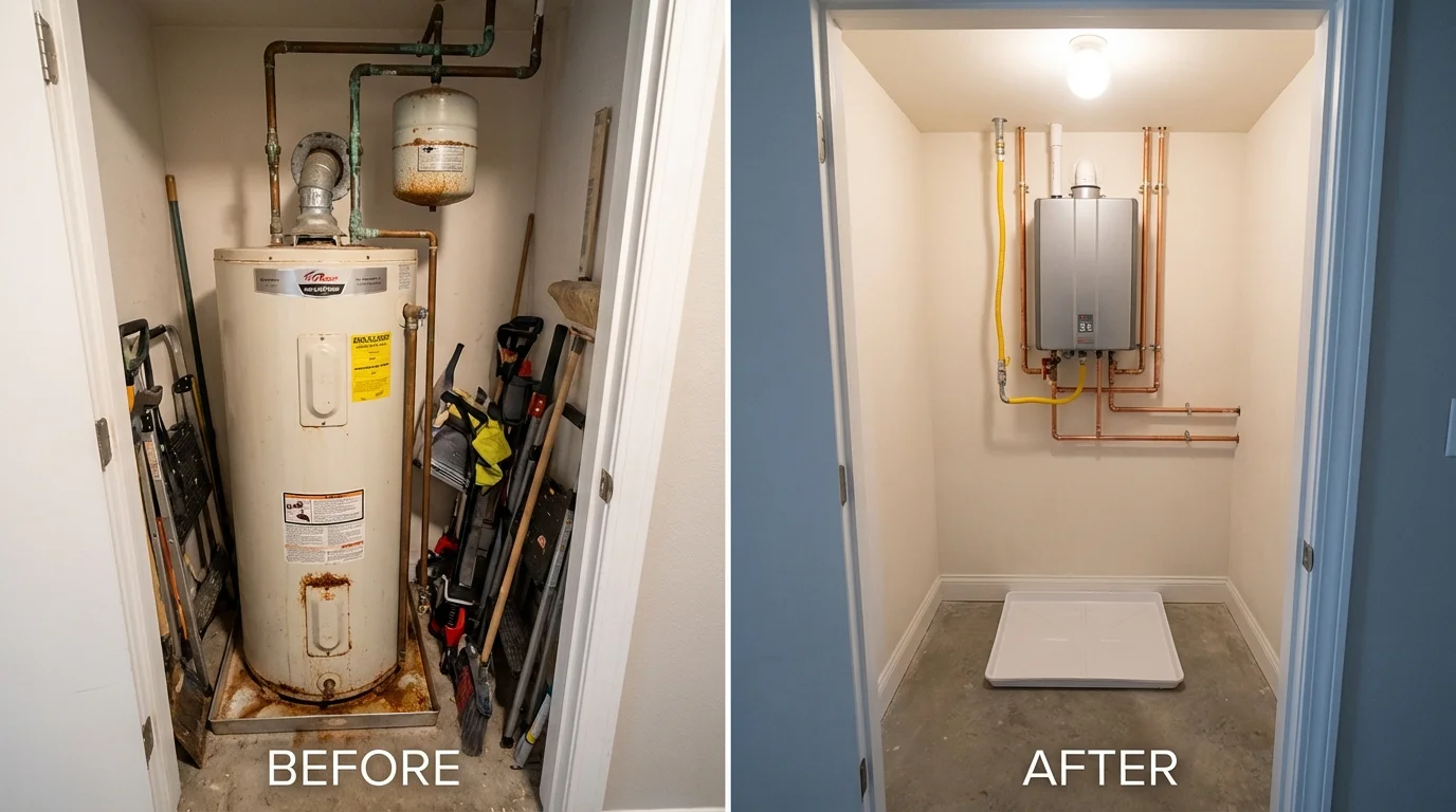 Tank water heater versus wall-mounted tankless unit comparison for Friday Harbor, WA homeowners