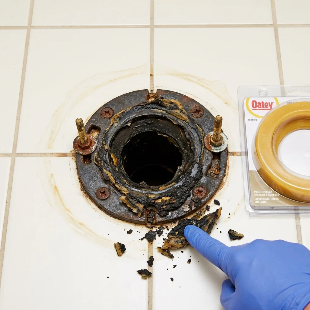 Failed wax ring showing water seepage at the base of a toilet in a Friday Harbor, WA home