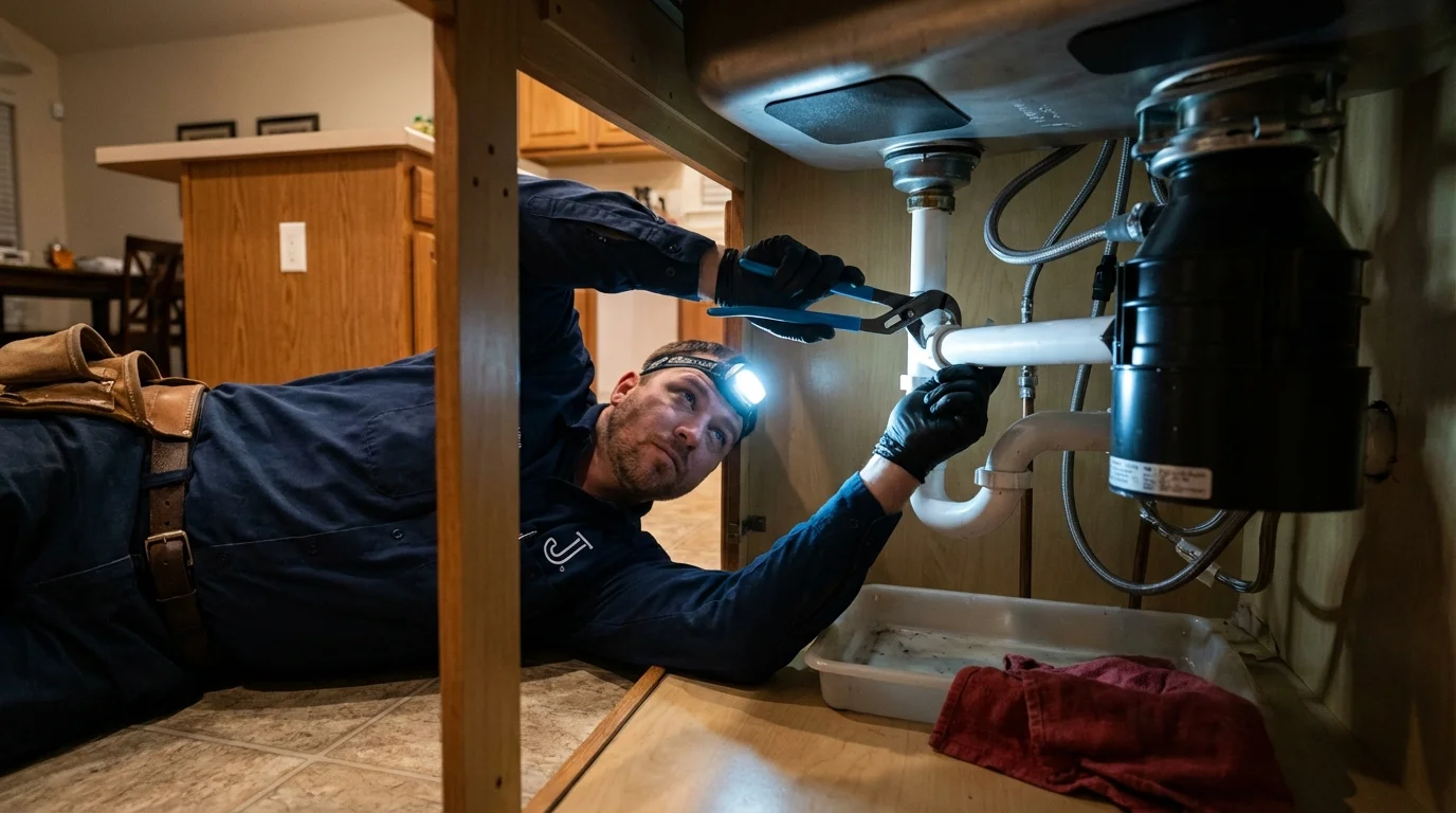 P-trap and supply line connections under a kitchen sink showing a common leak point in Friday Harbor, WA